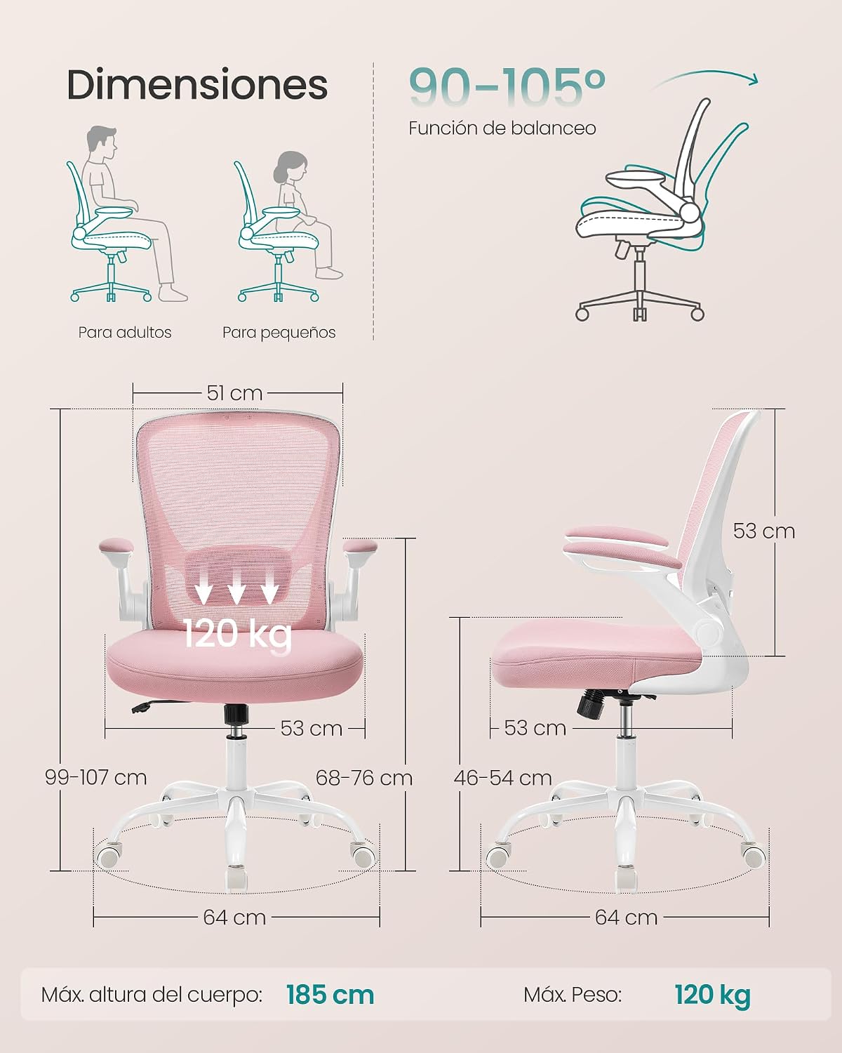 Detalle 2 de SONGMICS Silla de Oficina rosa pastel 53 cm