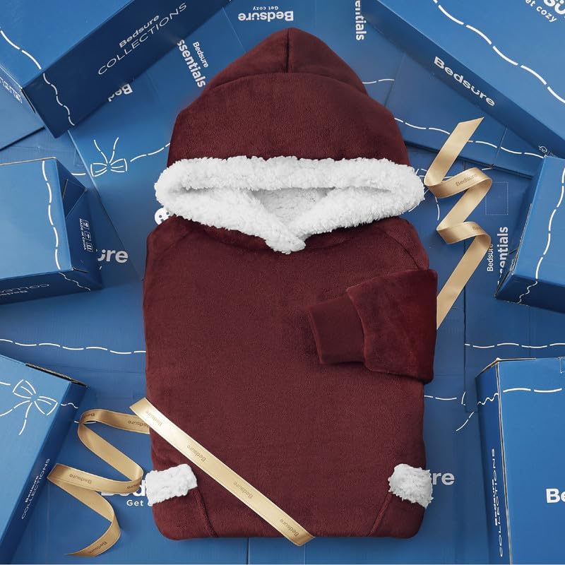 Detalle 2 de Bedsure Long Sherpa Wearable Blanket Hoodie, Oversized Burgundy