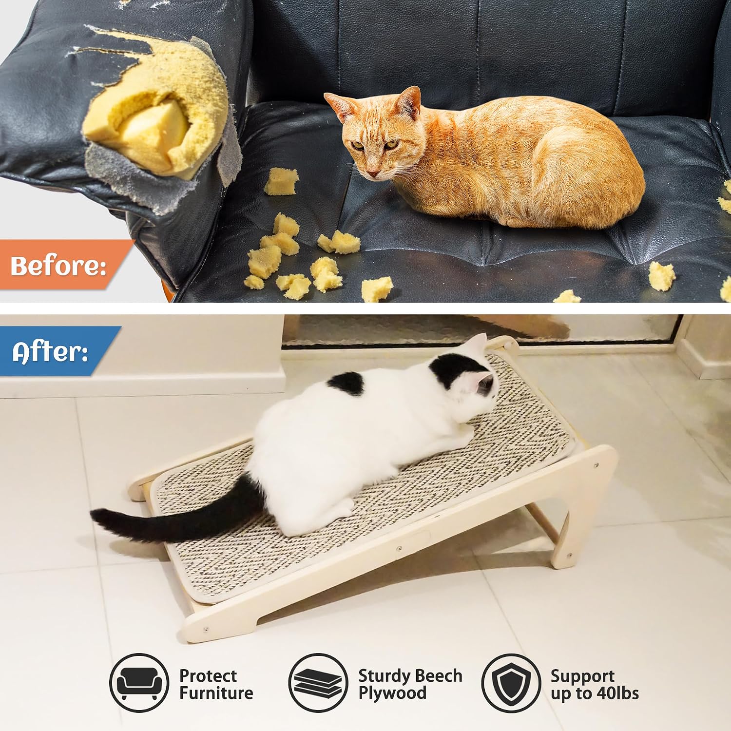 Detalle de PETKARAY Cat Scratcher: Sisal Ramp, 27" L-Shape Wall Protection and Mouse Toy