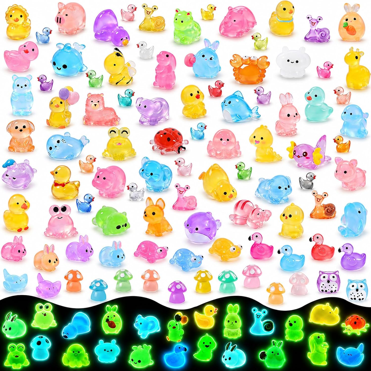 DIYDEC 206pcs Mini Luminous Resin Animals: Glow-in-the-Dark Miniatures for DIY Decor and Party Favors