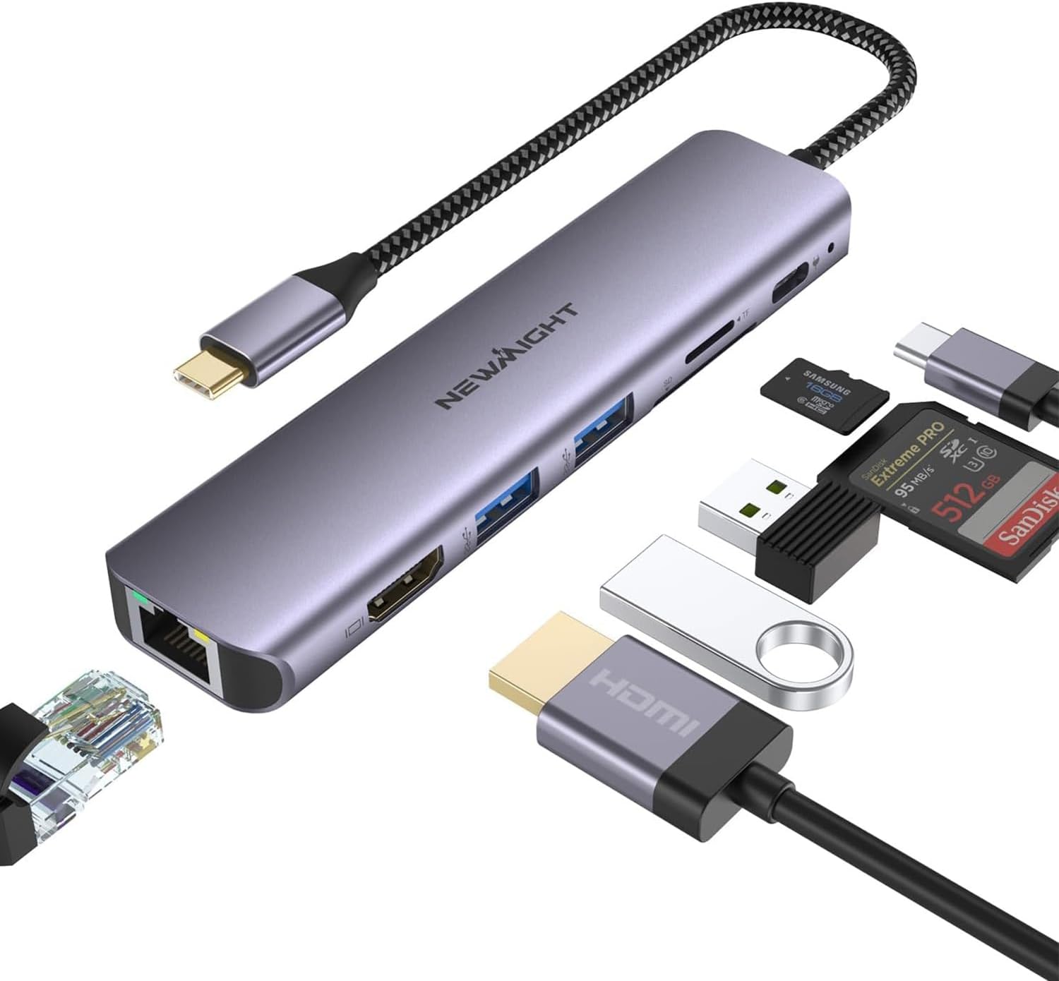 Newmight Hub USB-C 7 en 1 avec HDMI 4K 30 Hz, Ethernet 1 Gbit/s, PD 100 W et lecteur SD/TF