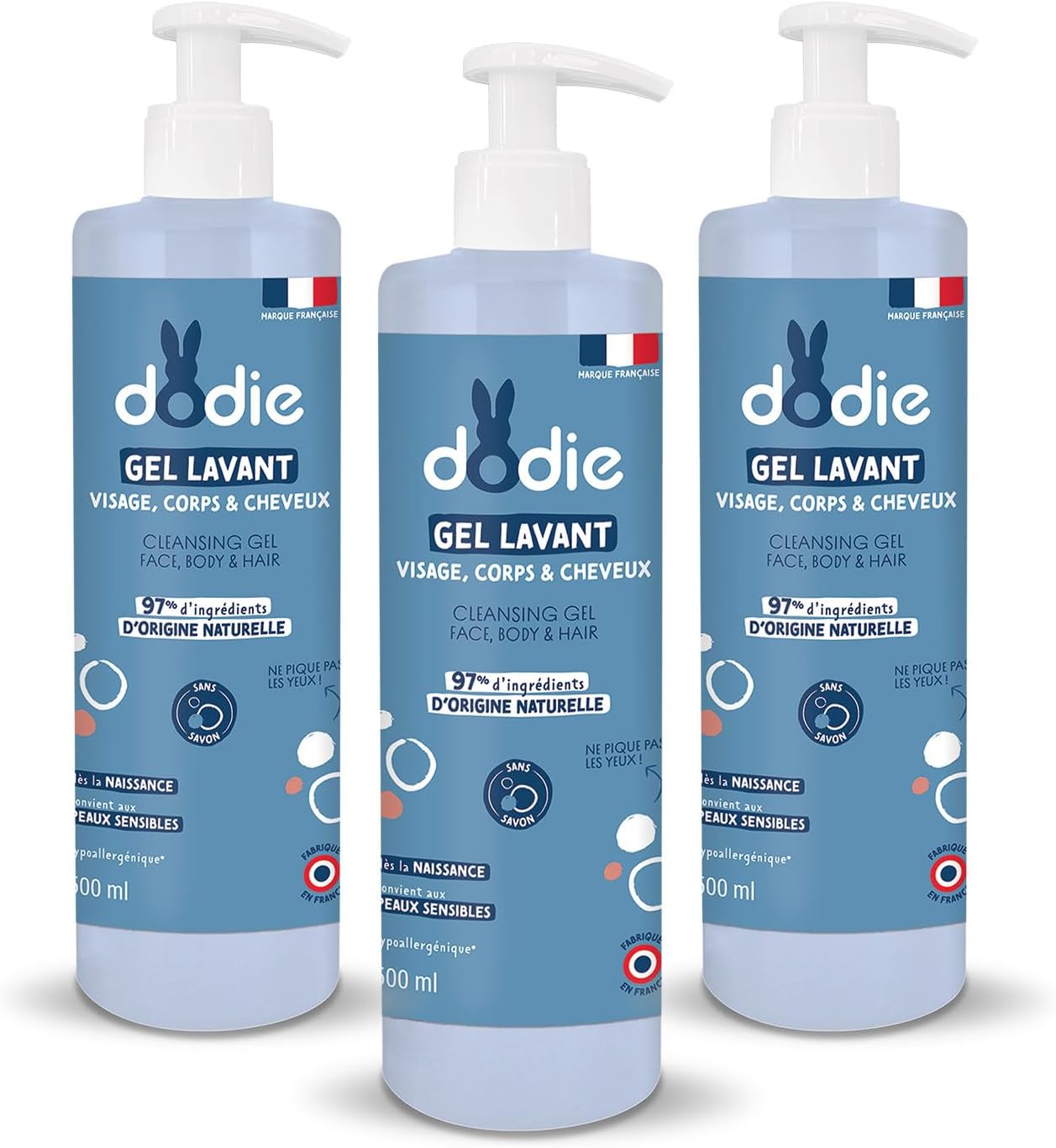 Detalle de DODIE Lot de 3 Gels Lavants 3 en 1 (3 x 500 mL) – Nettoyant Visage, Corps et Cheveux