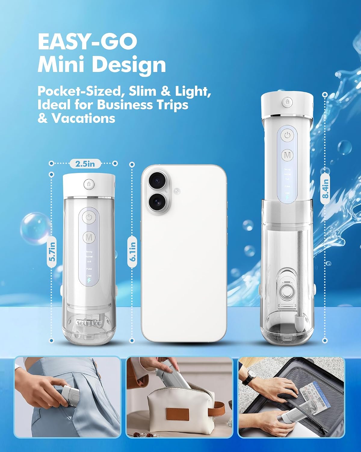 Detalle 2 de WAFLOO Water Flosser Travel Mini Cordless Portable: compact orthodontic-friendly oral irrigator