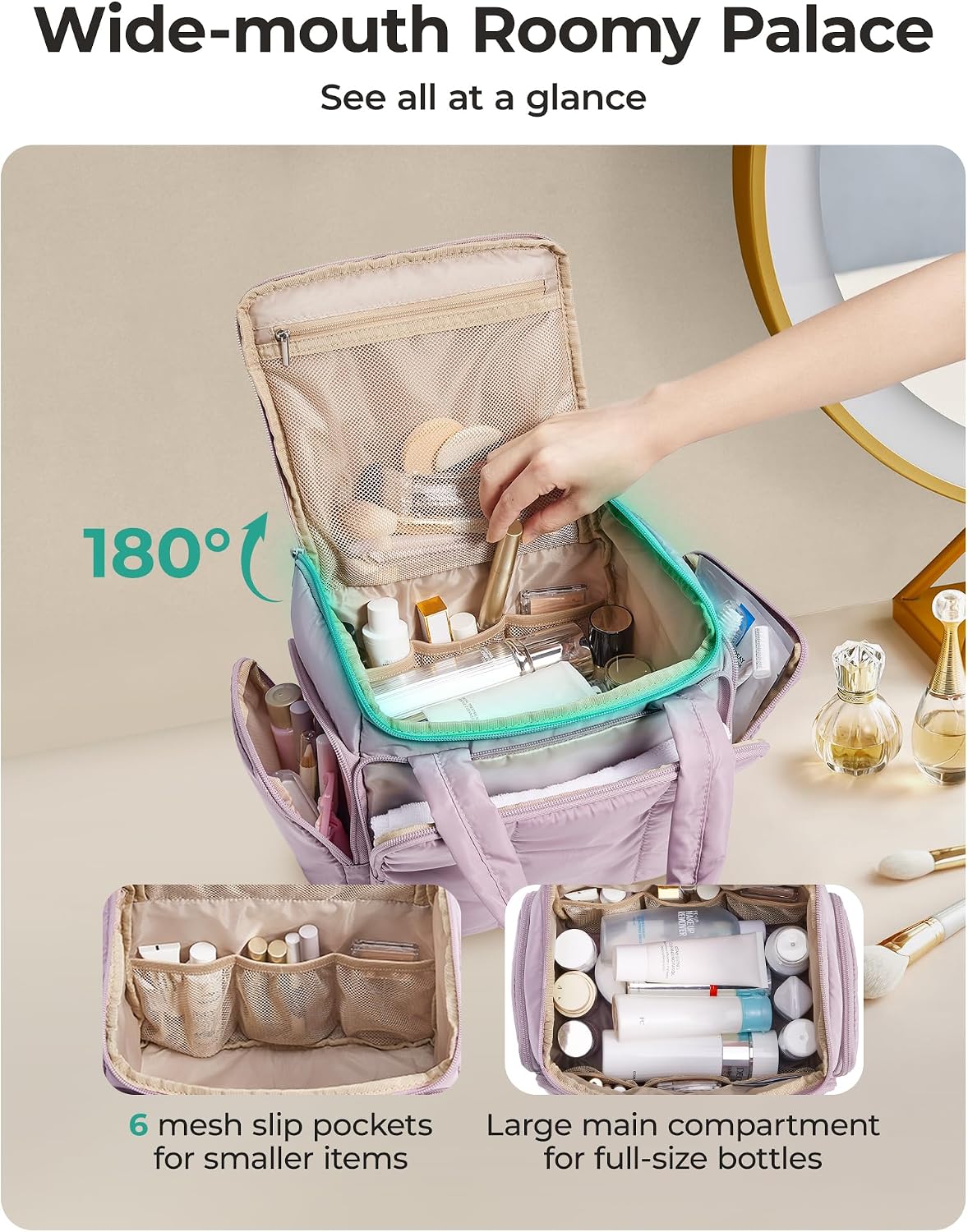 Detalle de BAGSMART Travel Toiletry Bag for Women in Dark Pink — Puffy Water-Resistant Organizer for Travel-Sized Essentials
