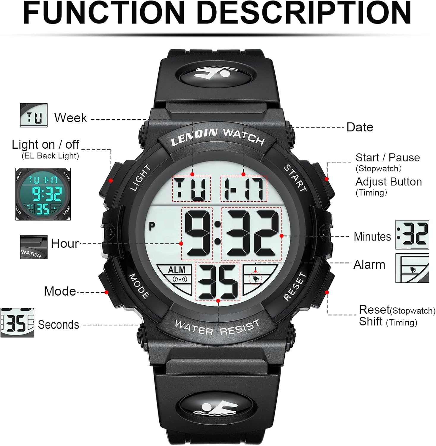 Detalle de LN LENQIN Digitaluhr Herren – 49 mm Display, 3ATM, Stoppuhr, Kalender, Silikonband