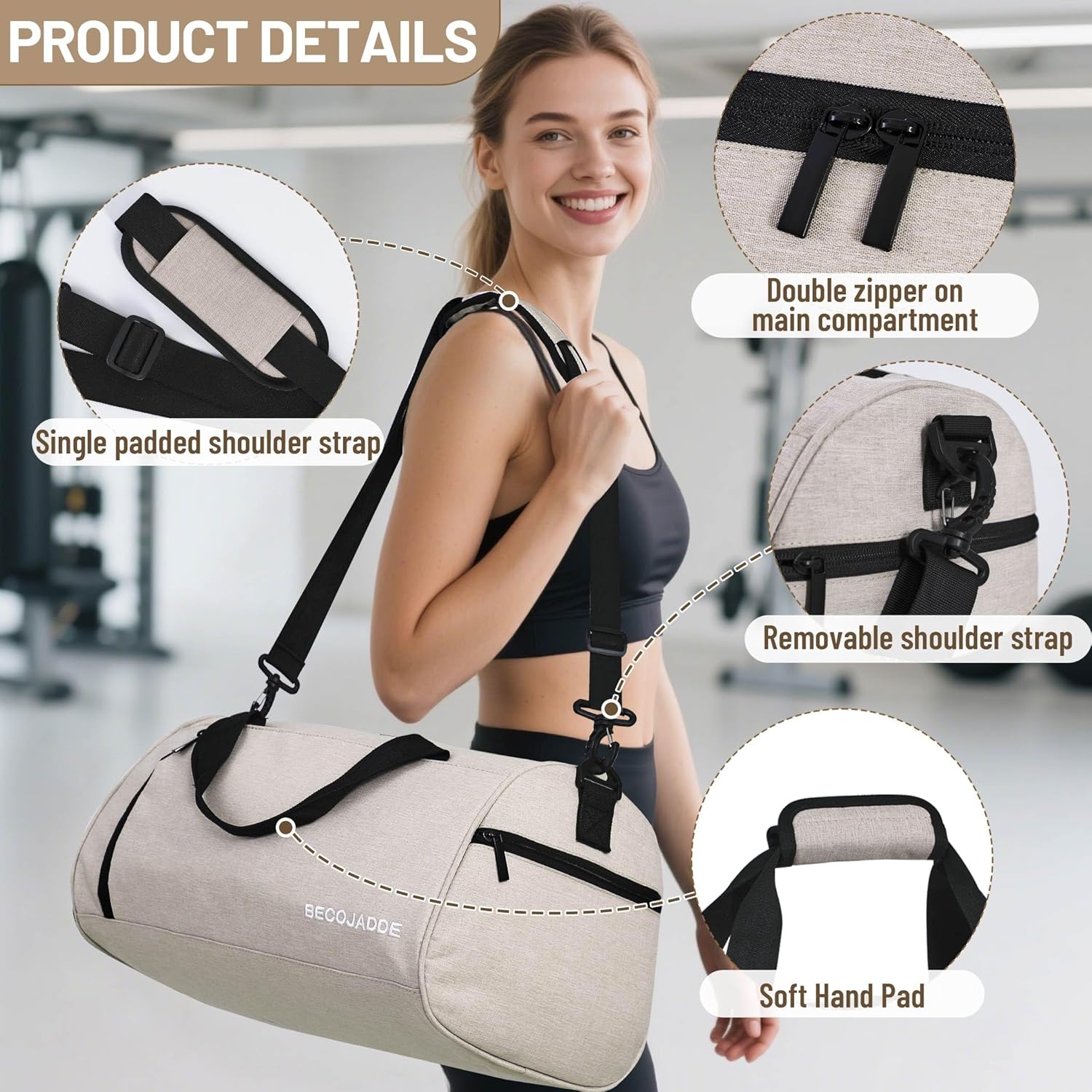 Thumbnail 4 de BECOJADDE Gym Bag for Women and Men with Shoe Compartment & Wet Pocket, 35L – Beige