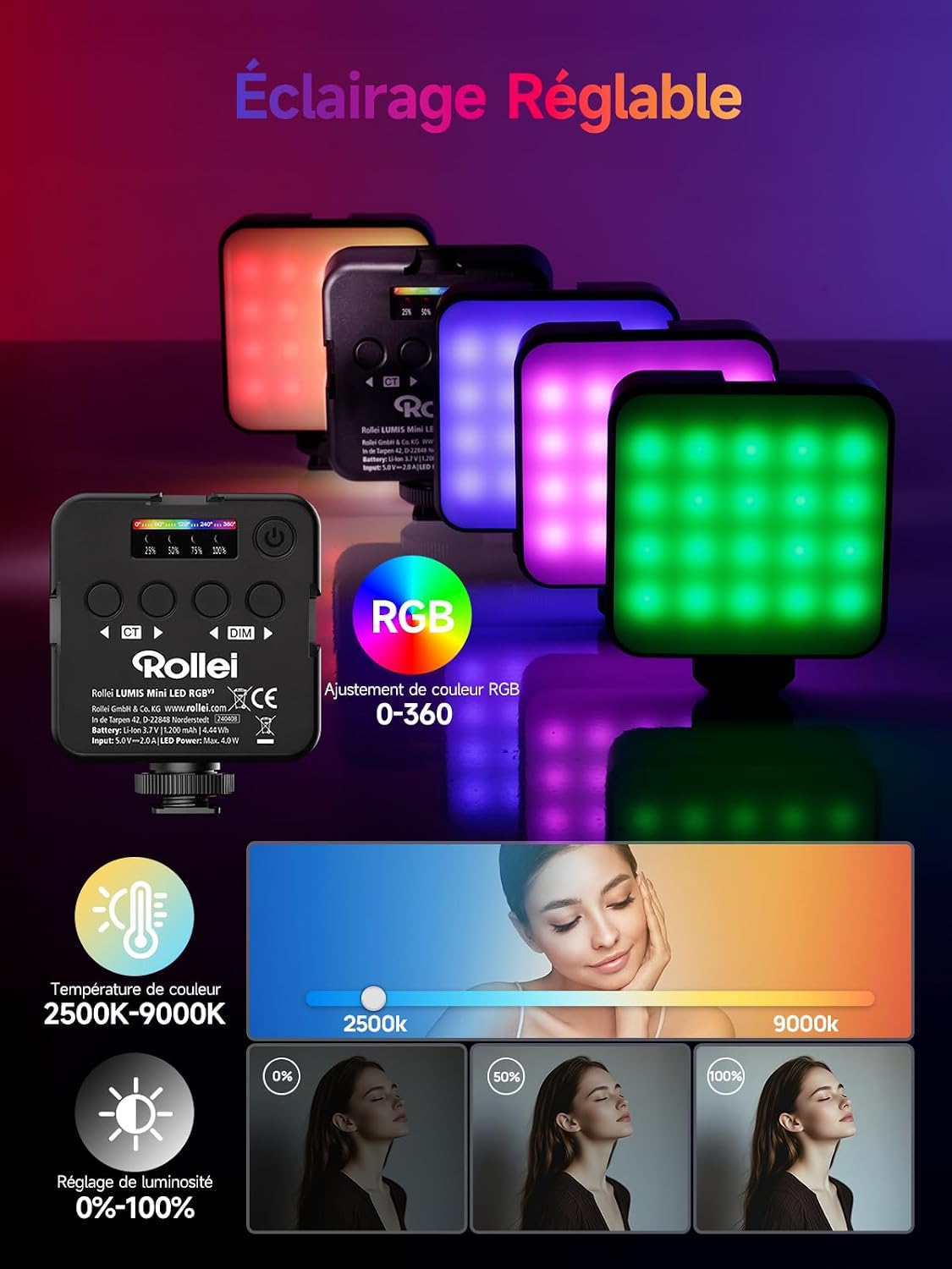 Detalle de Rollei Lumis Mini Lampe LED RVB: éclairage compact et polyvalent pour smartphone et DSLR