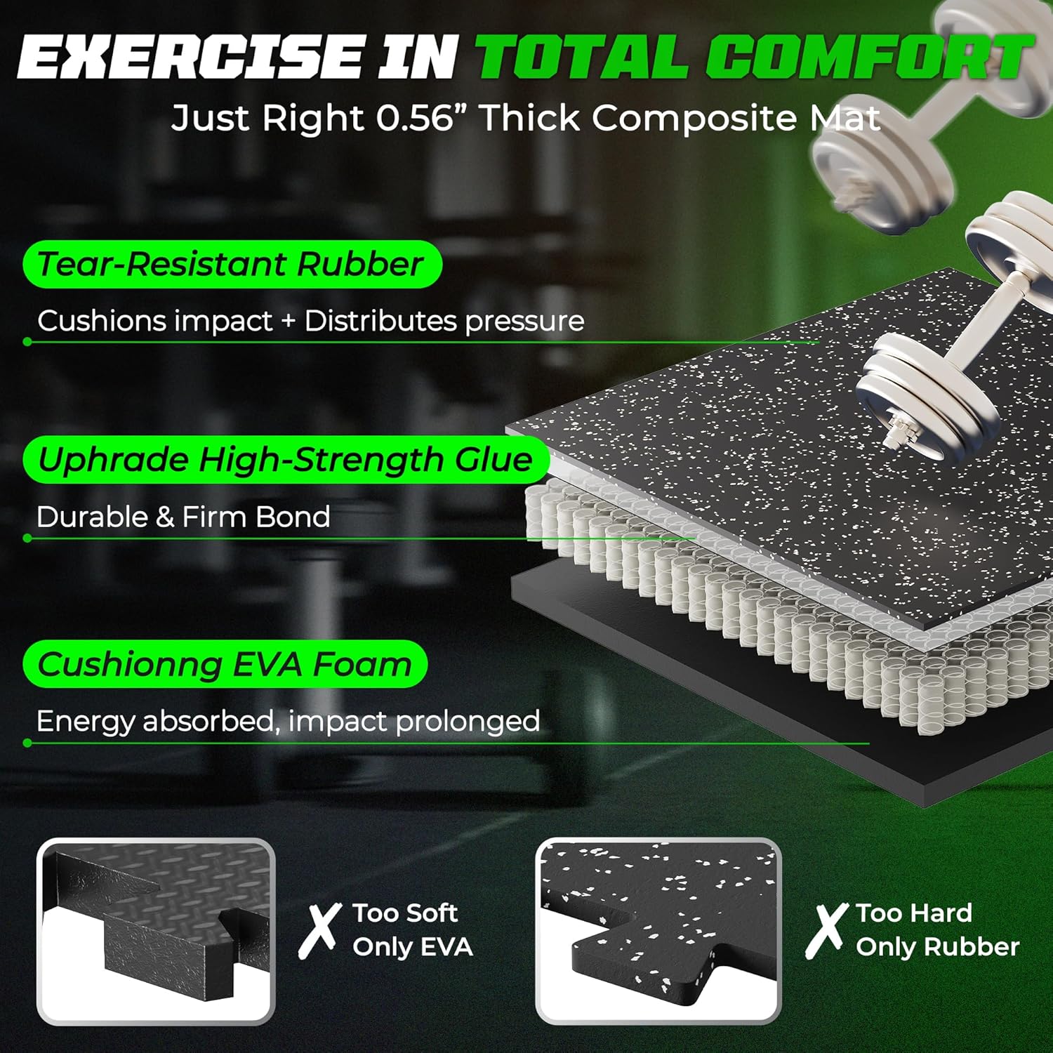 Detalle de PRAISUN 0.56" Rubber Top Gym Flooring — Heavy-Duty Interlocking Mats (24" x 24", 48 Sq Ft, Black/Grey)