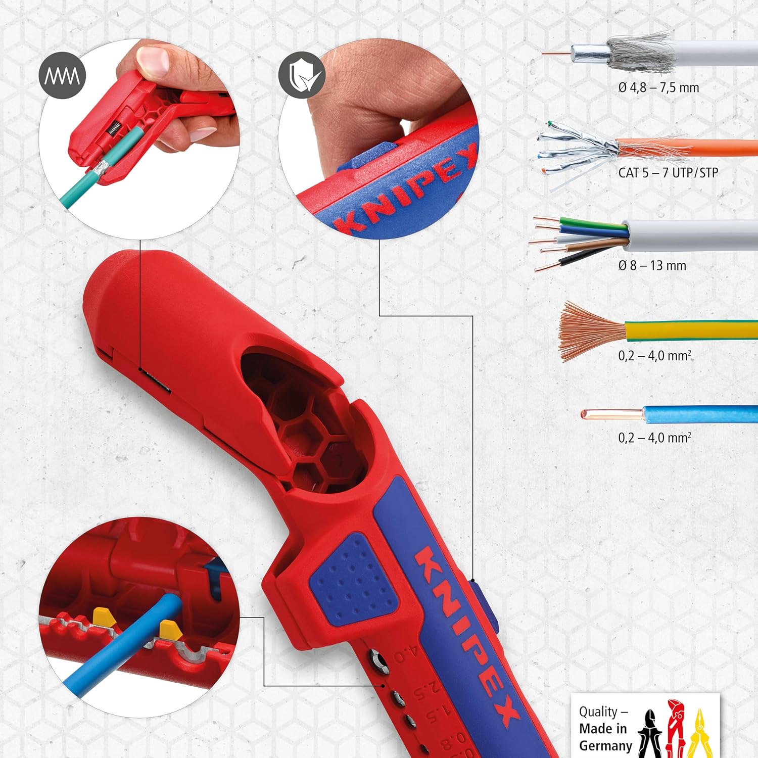 Detalle de Knipex ErgoStrip: Outil universel à dégainer 135 mm pour câbles 3G1,5 à 5G2,5 – 16 95 01 SB