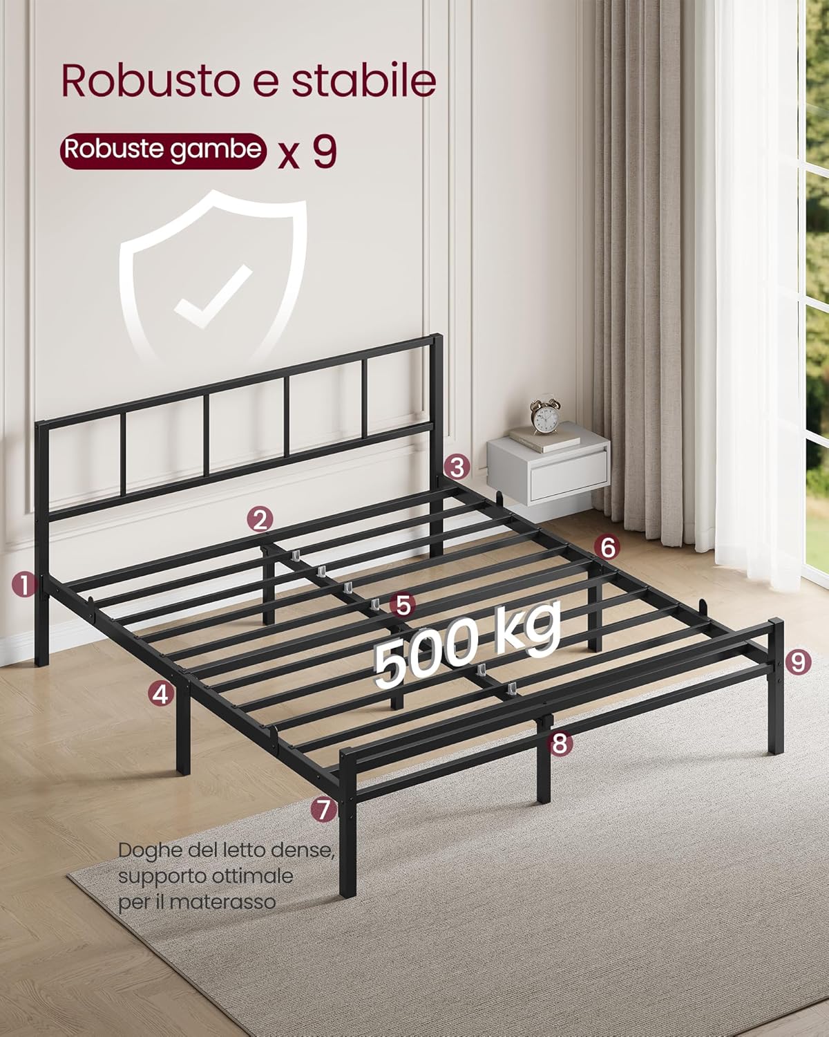 Detalle de VASAGLE Struttura Letto Matrimoniale 160 x 200 cm RMB295B101 – Telaio in Metallo, 500 kg, Nero Inchiostro