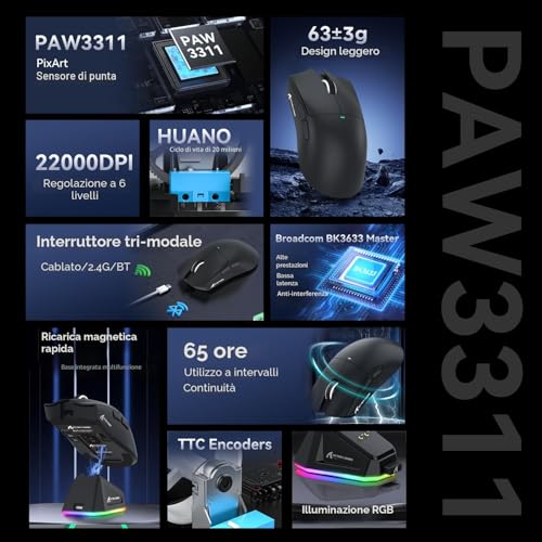 Thumbnail 2 de Attack Shark X11: mouse da gaming con dock magnetico, sensore PixArt PAW3311 e connettività 3 in 1