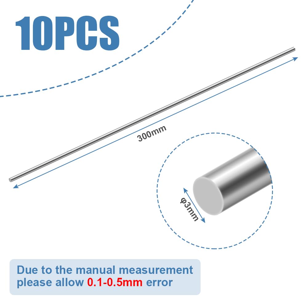 Thumbnail 1 de OFFCUP 3mm*300mm 10PCS Stainless Steel Round Rods, 304, 3mm x 300mm