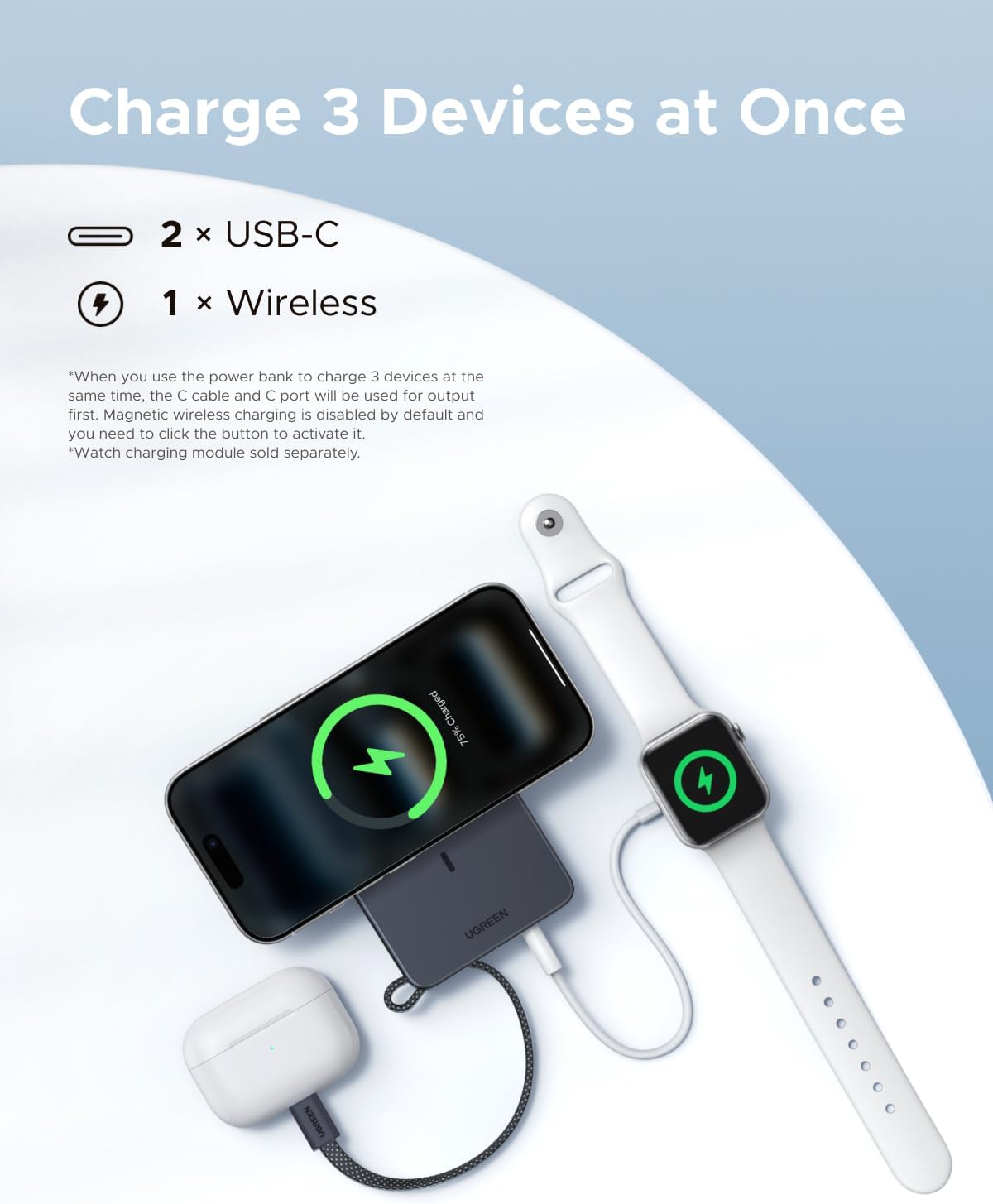 Detalle de UGREEN MagFlow for MagSafe Power Bank Qi2 25W – 10000mAh Magnetic Wireless Charger (Grey)