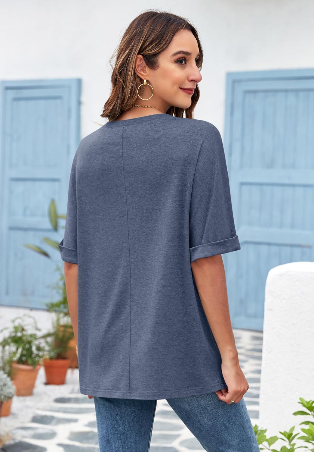 Thumbnail 2 de WNEEDU Oversize Shirt Damen – Kurzarm Rundhals mit gekrempelten Ärmeln für Sommer & Alltag