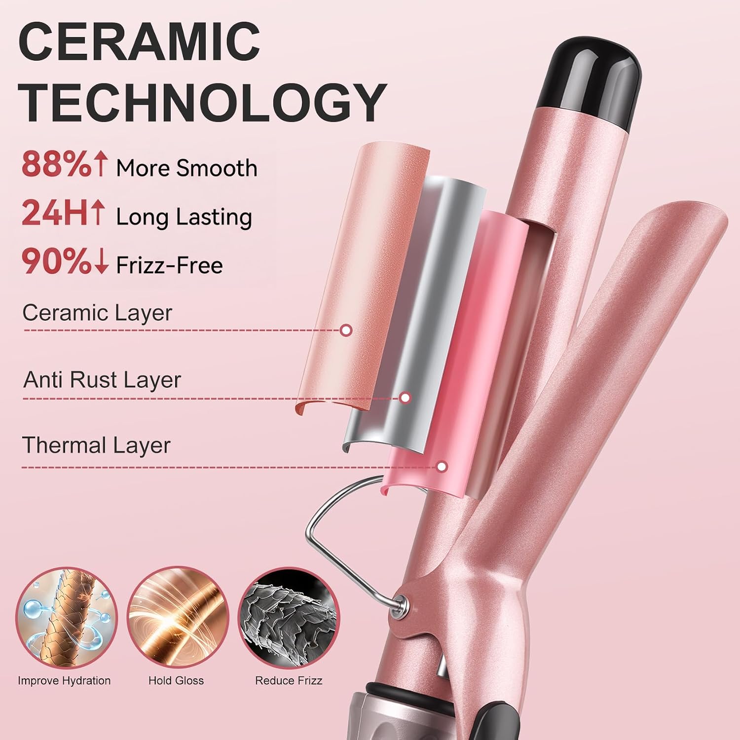Detalle 2 de JAETON Curling Wand Hair Curler — 25mm Ceramic Tourmaline, Dual Voltage, 100–230°C