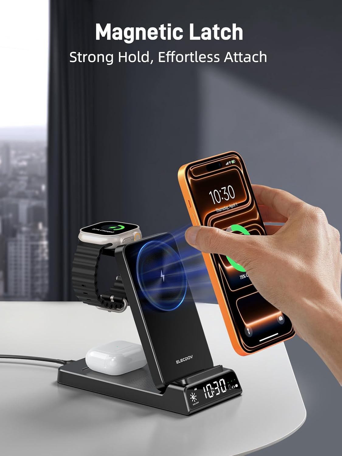 Thumbnail 4 de Station de charge magnétique 3 en 1 Snap Charge Go avec horloge pour iPhone, Apple Watch 10 et AirPods (noir)