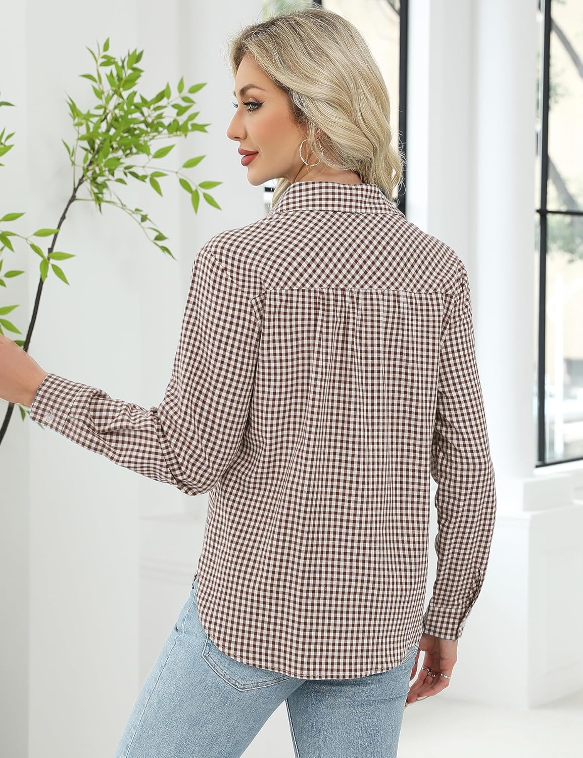 Thumbnail 4 de Rapbin Damen-Bluse mit V-Ausschnitt, Langarmhemd im karierten Streifen-Design