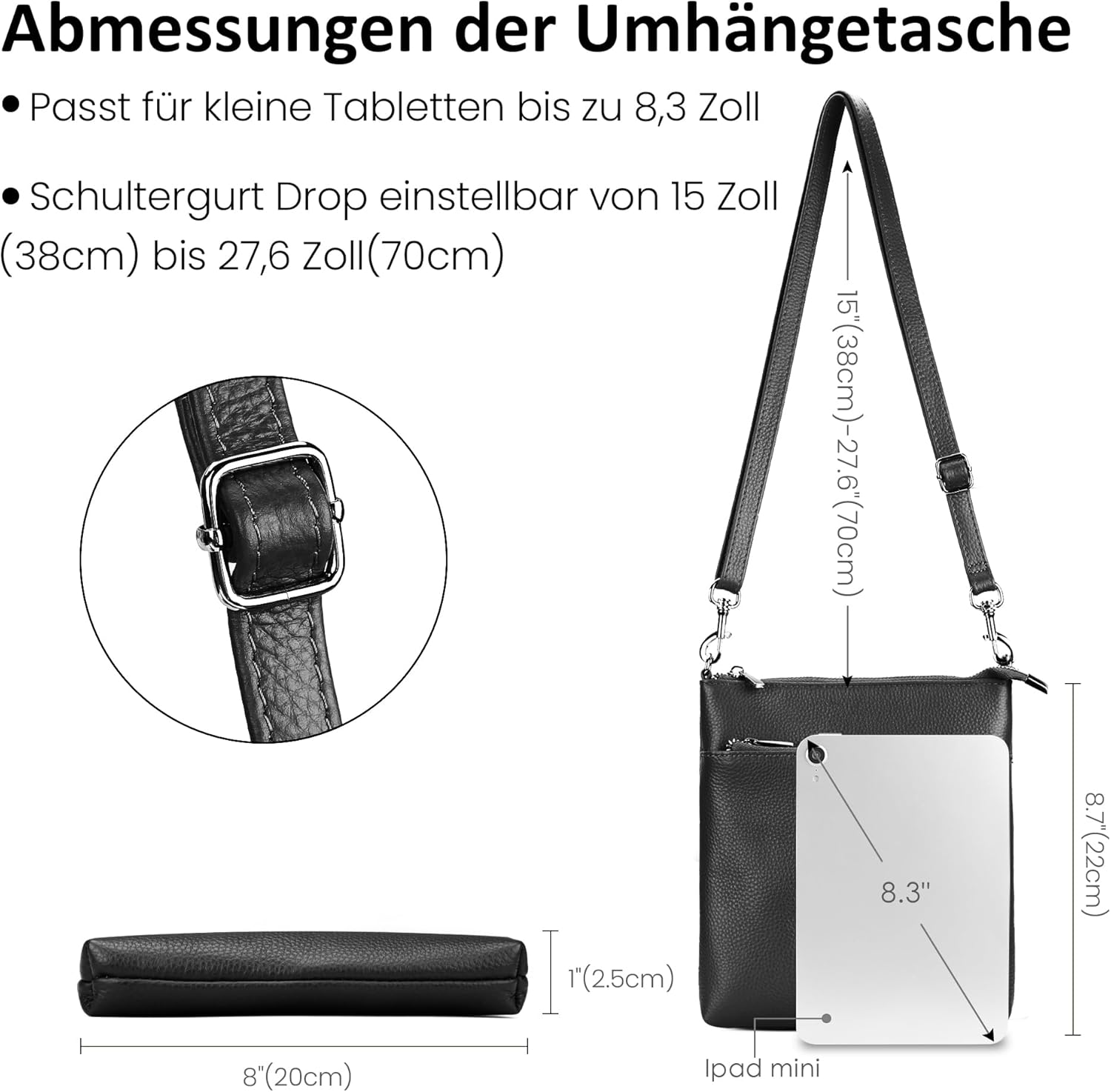 Thumbnail 5 de befen Echtleder Umhängetasche Damen (mittelgroß) mit Handyfach – Crossbody-Bag mit verstellbarem Schultergurt