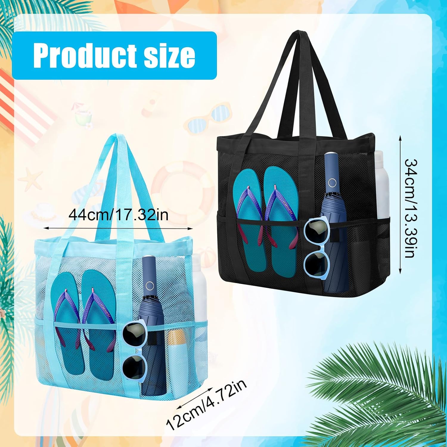 Detalle de 2er-Set Große Strandtasche für Damen – Netz-Design, Reißverschluss, Blau/Schwarz