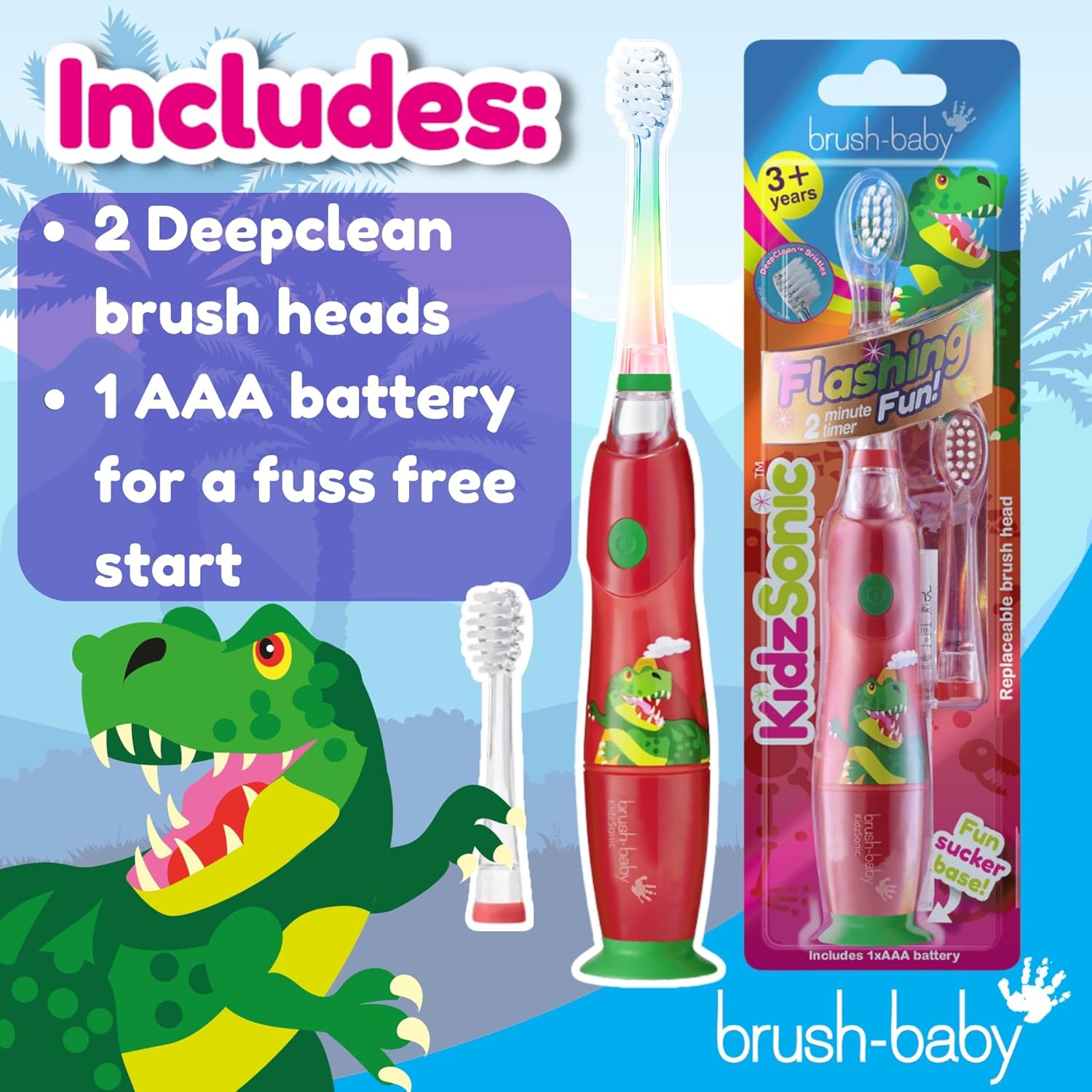 Thumbnail 2 de Brush-Baby Dinosaur KidzSonic Kids Electric Toothbrush (3+) with DeepClean bristles, disco lights & 2 replacement heads