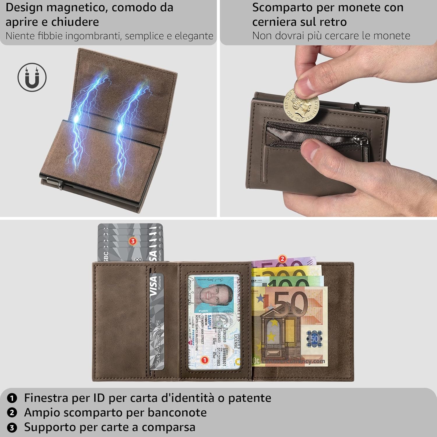Detalle de Tomylv Portafoglio Uomo RFID Magnetico Slim Marrone: compatto ma capiente