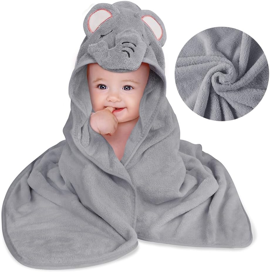 Thumbnail 6 de Aolso Serviette de Bain Capuche Bébé 80x80 cm, Velours Corail Doux et Ultra Absorbante — Éléphant Gris