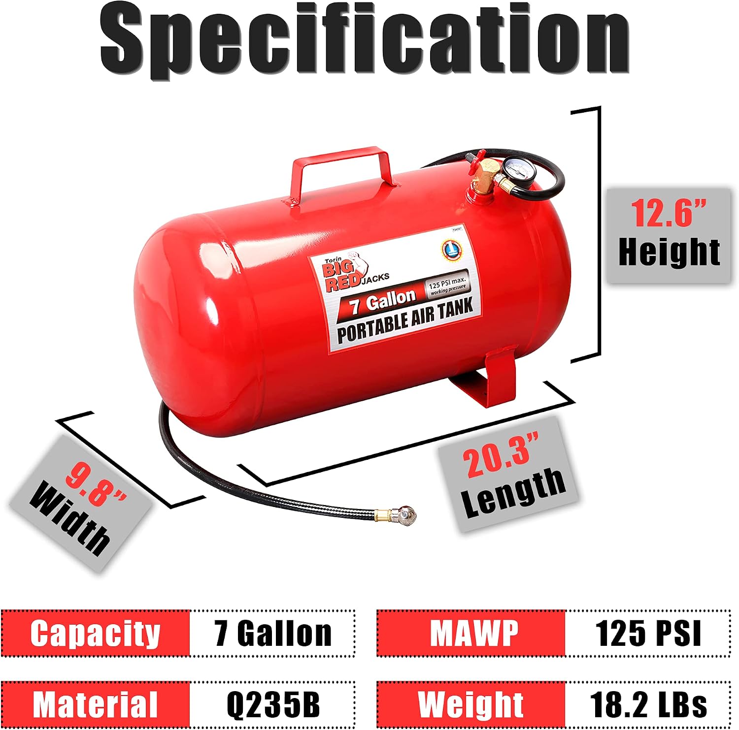 Detalle de Torin T88007 draagbare luchttank van 7 gallon in aluminium, rood