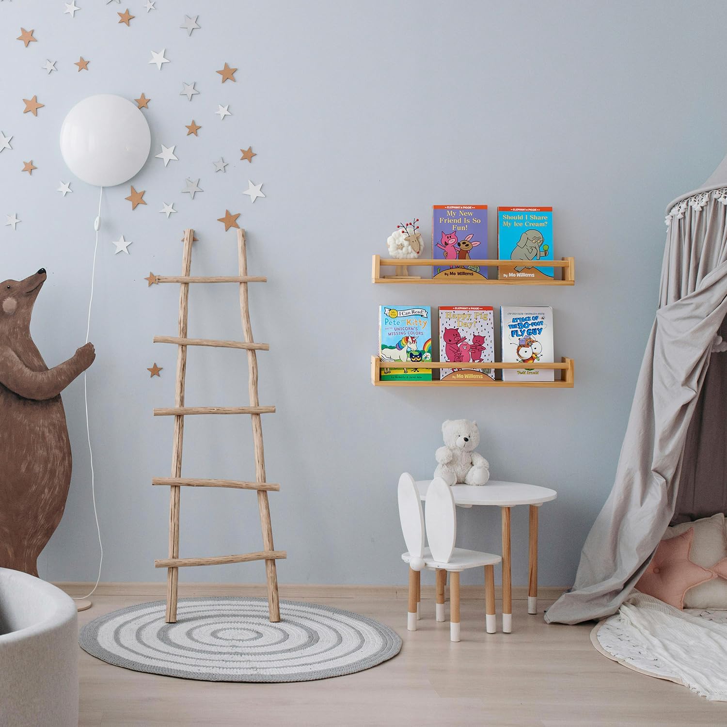 Detalle de OAKERLAND 2PC Wooden Floating Nursery Bookshelf – 80cm Solid Pine Wall Shelves for Storybooks