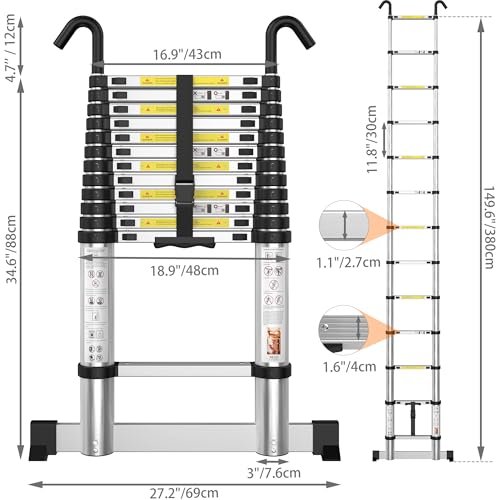 Thumbnail 3 de MYHMCT Telescopic Ladder 3.8M Aluminium Loft Ladder with Hooks