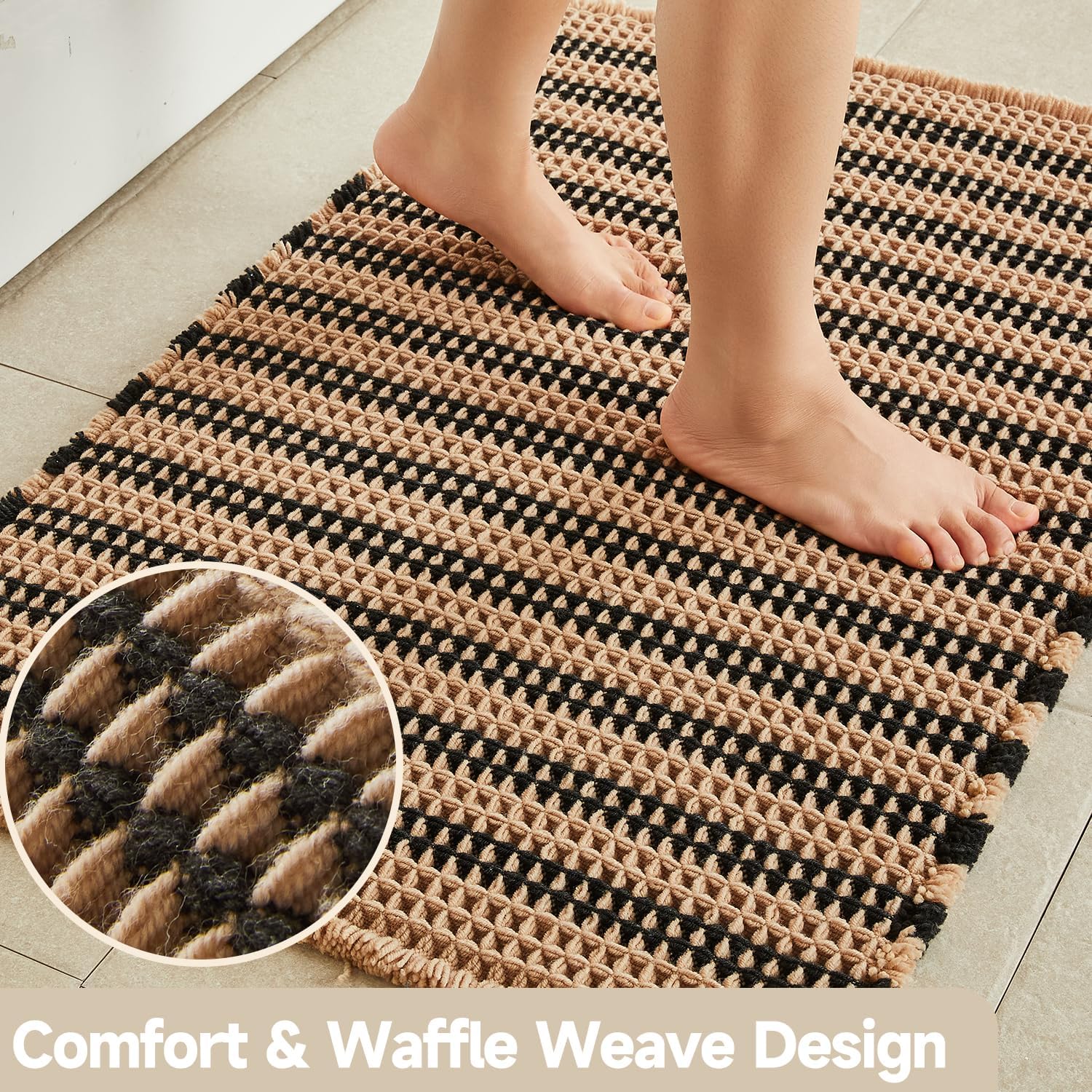 Detalle 2 de TYUU Waffle Bath Mat, 24x16 Black and Khaki Green Polyester Rug