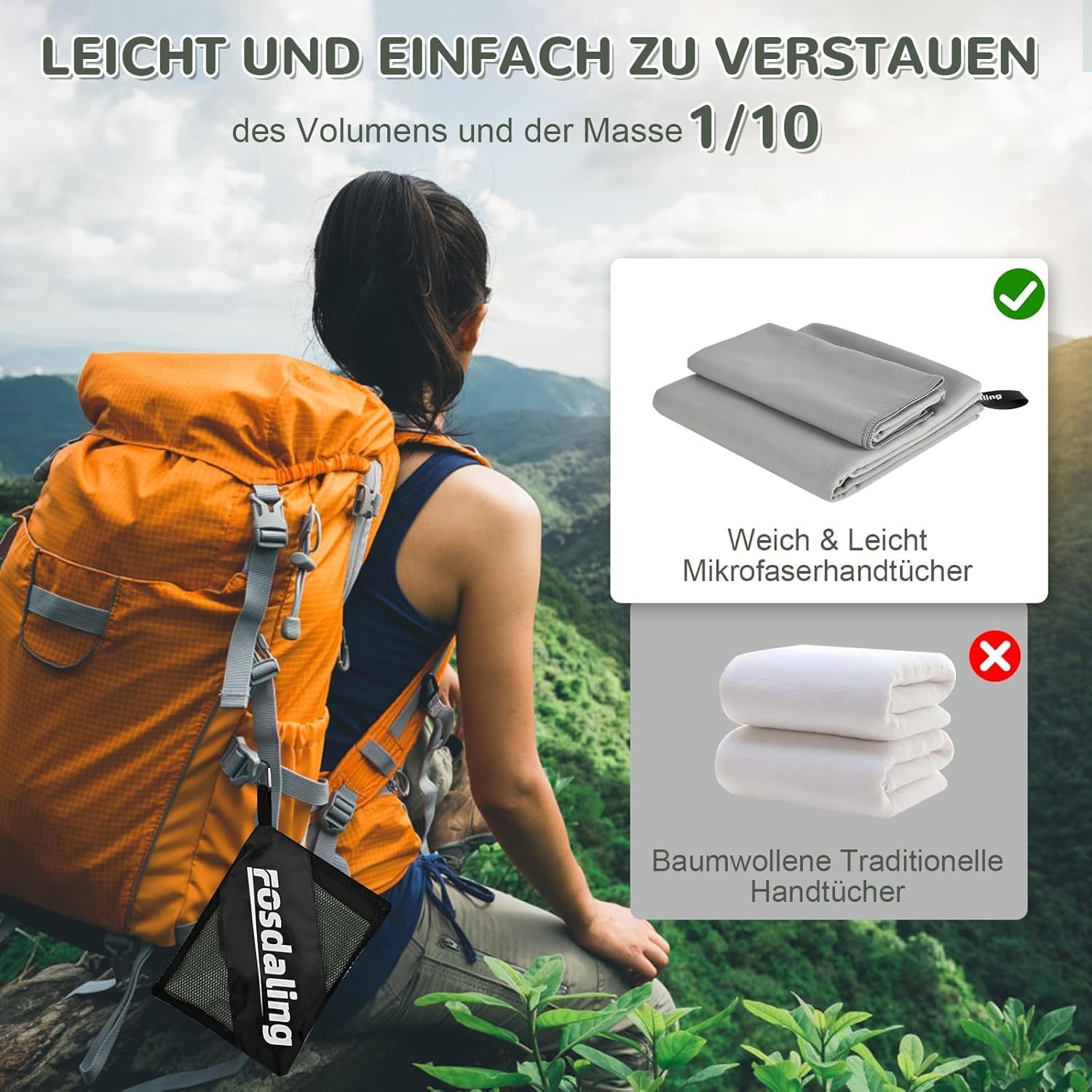 Thumbnail 4 de Fosdaling Mikrofaser Handtuch 3er-Set (200×100 cm + 2× 80×40 cm) – schnell trocknendes Sport- und Reisehandtuch in Hellgrau