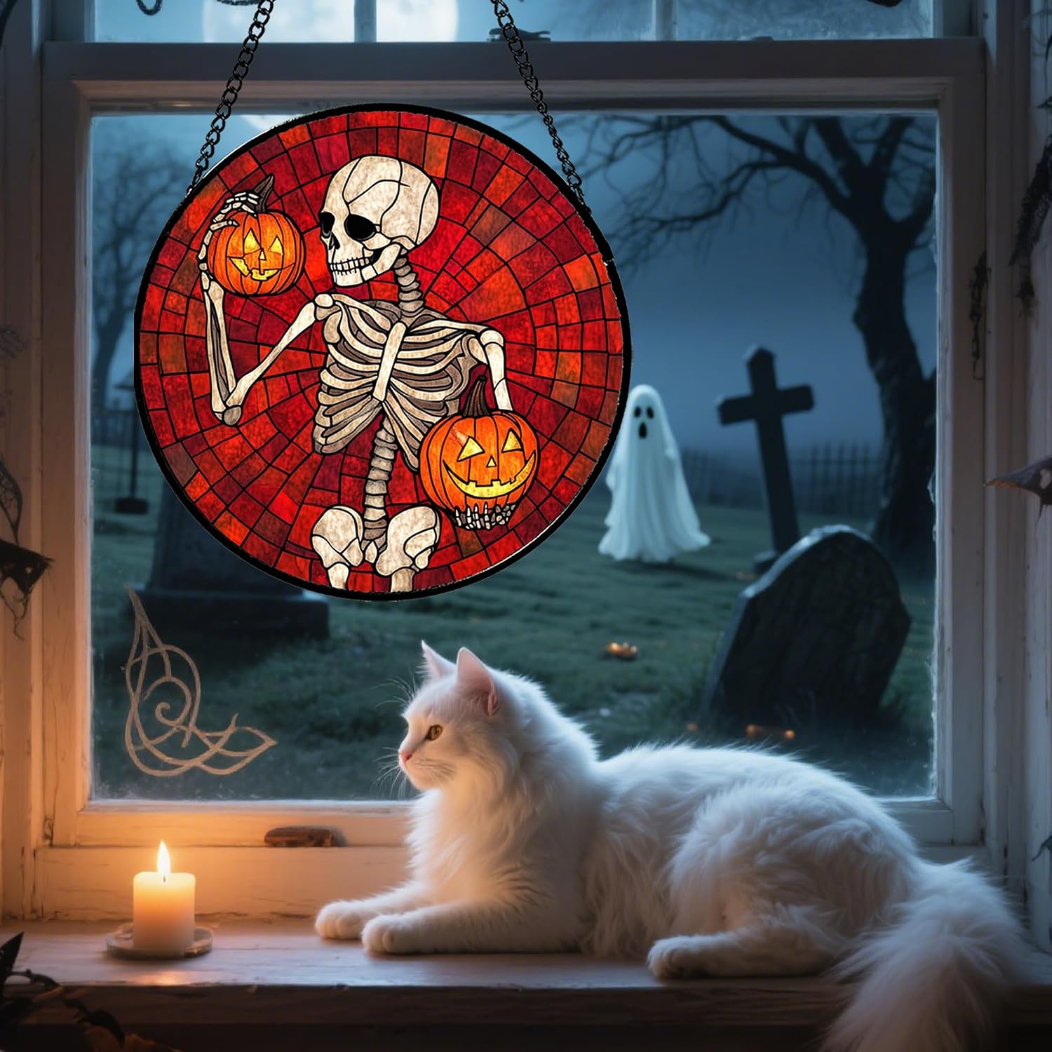 Detalle 1 de CRISGIF Skeleton and Pumpkins Stained Glass Suncatcher, 6.3-Inch