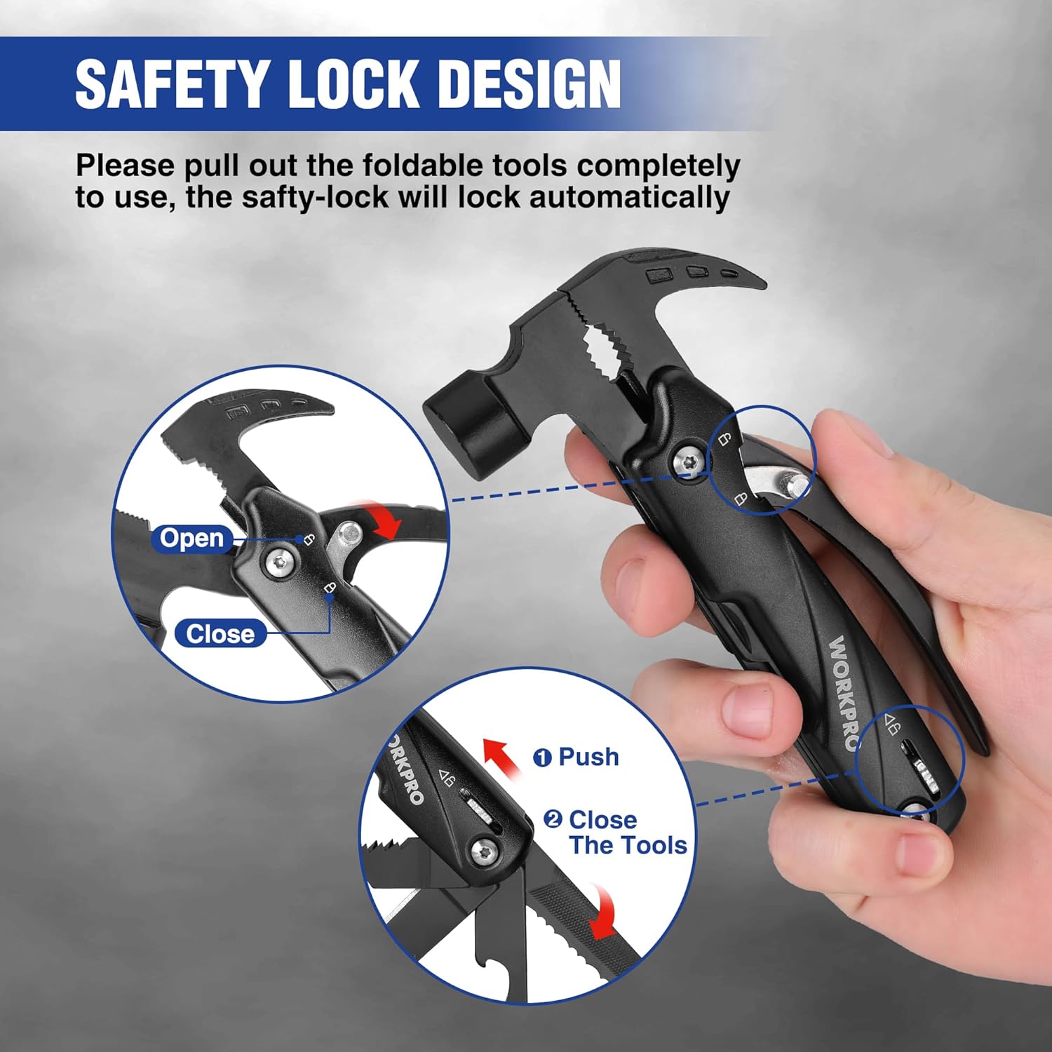 Detalle de WORKPRO Marteau multifonction 12 en 1 avec sac et verrouillage automatique
