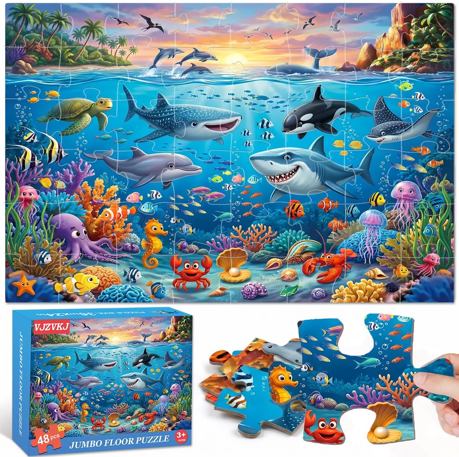 Detalle de Jumbo 48-Piece Ocean Floor Puzzle for Kids, 36" x 24" Finished Size