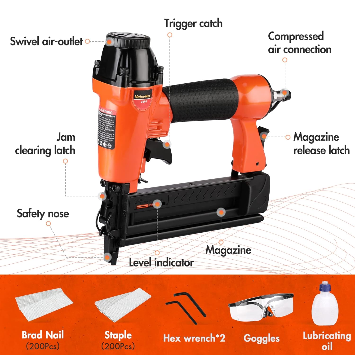 Detalle de ValueMax chiodatrice pneumatica 2 in 1 per aria compressa con 200 chiodi e 200 graffette, scarico 360° orientabile