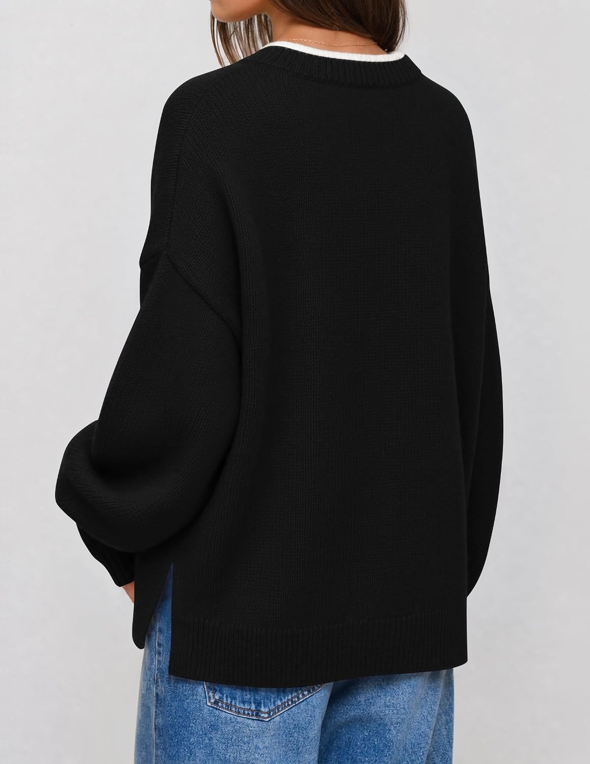 Detalle de ZESICA Oversized Women's Sweater, Crewneck with Contrast Trim and Batwing Sleeves