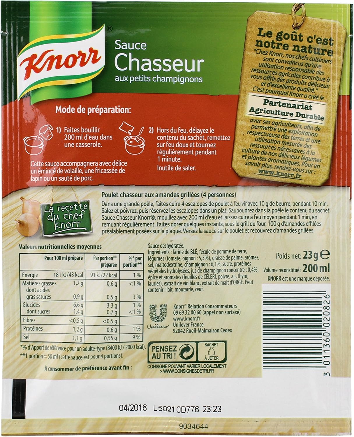 Detalle de Knorr Sauce Déshydratée Chasseur Aux Petits Champignons – Lot de 16 sachets 23 g