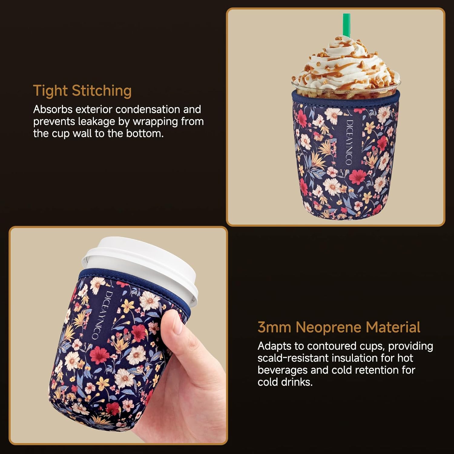 Thumbnail 4 de Diceaynico Becherhülle im 3er-Set (S/M/L) für 16–32 oz, wiederverwendbare Becherkühler mit Neopren – Dunkles Blumenmuster