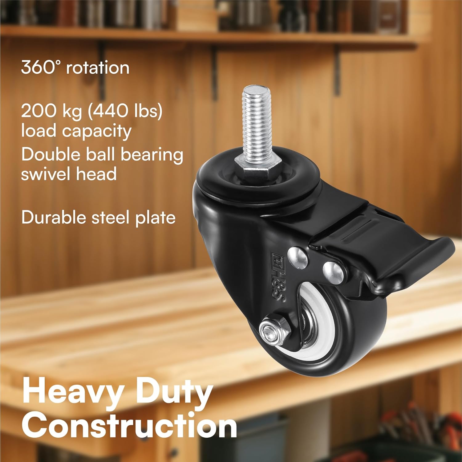 Thumbnail 2 de H&S 4 Castor Wheels 200KG 50mm PU Swivel Trolley