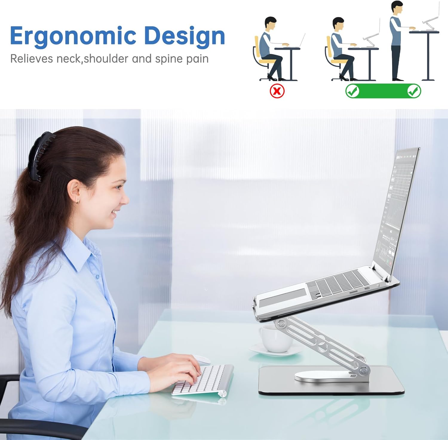 Detalle de GleYo Adjustable Laptop Stand for Desk with 360° Rotating Base (Ergonomic, Foldable, 10–16 inch Laptops)