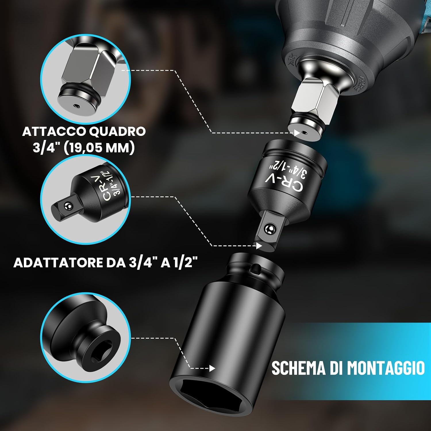 Detalle 2 de Seesii Avvitatore a Impulsi 1800Nm 3/4'': potenza per ruote e viti lunghe con due batterie e adattatore