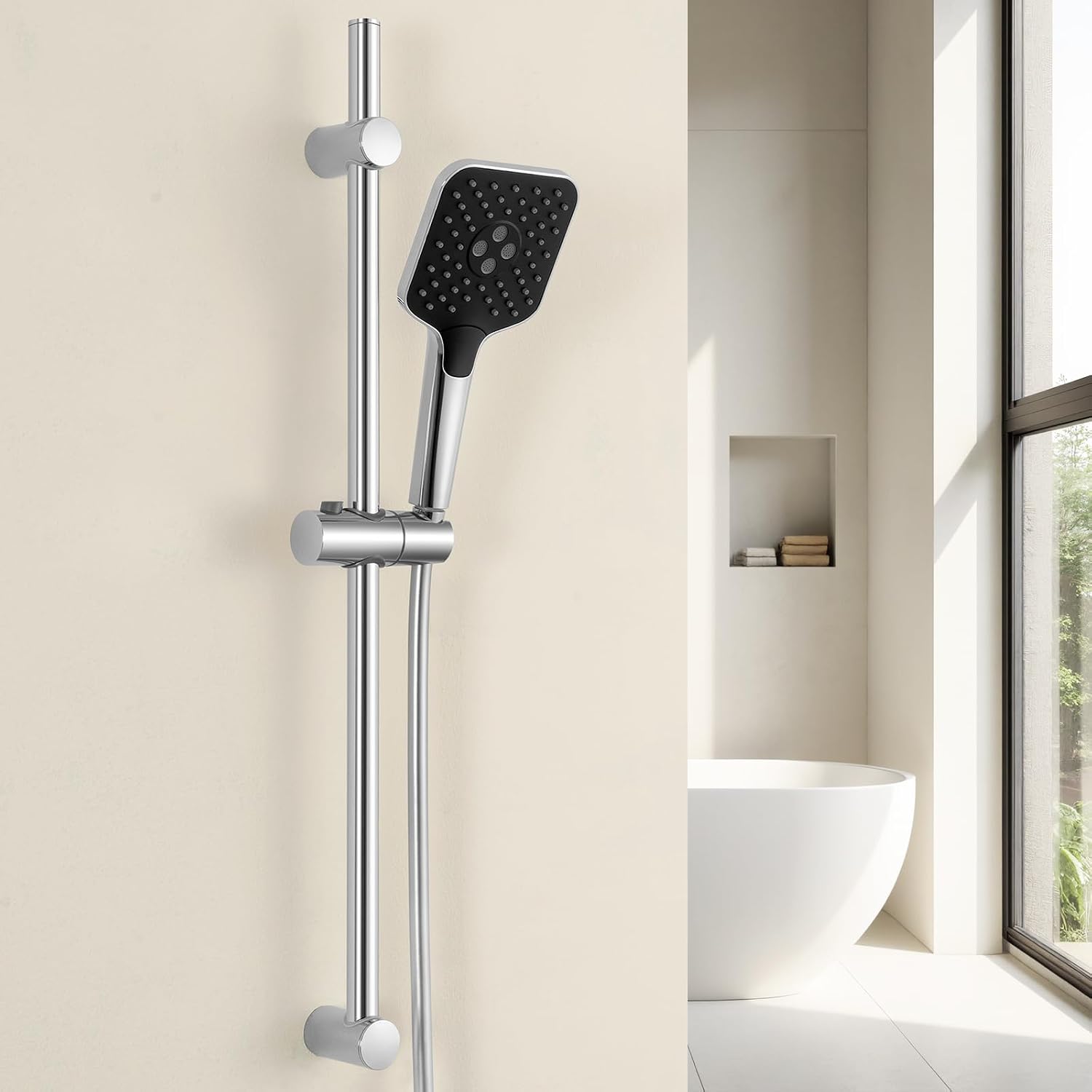 Detalle de Asta doccia Auralum da 70 cm con doccetta e saliscendi, colonna senza miscelatore in acciaio inox cromo