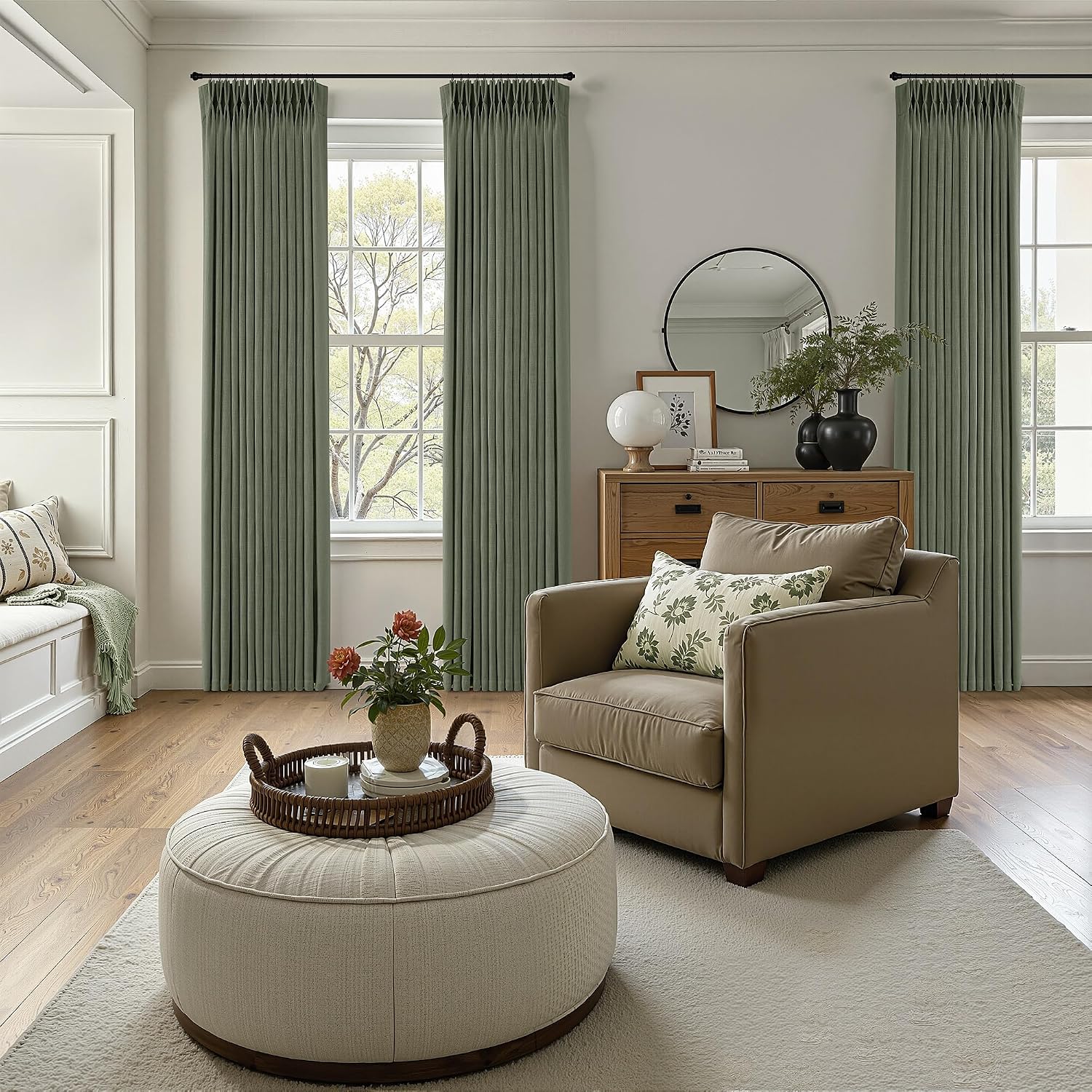 Thumbnail 6 de COMON HOME Sage Green Pinch Pleated Linen Curtain (102 Inches) with Rings, Hooks, Clips, Back Tab – Light Filtering, Boho Farmhouse Style