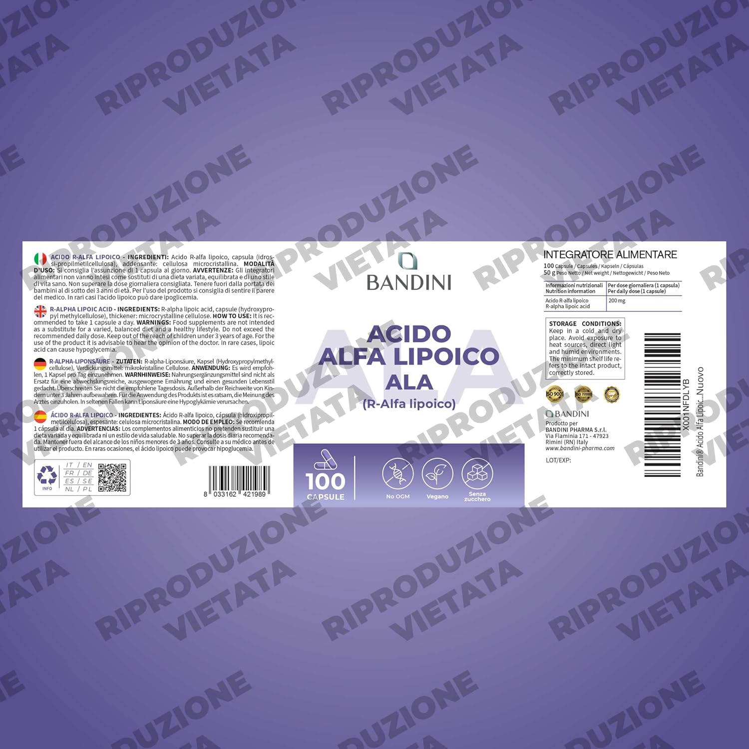 Thumbnail 4 de BANDINI ALA alfa-liponzuurcapsules met vertraagde afgifte, r-ALA, 200 mg