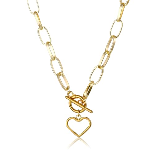 Conjunto de collar y pulsera PYEUIFT de acero inoxidable con colgante de corazón (impermeable, estilo paperclip)