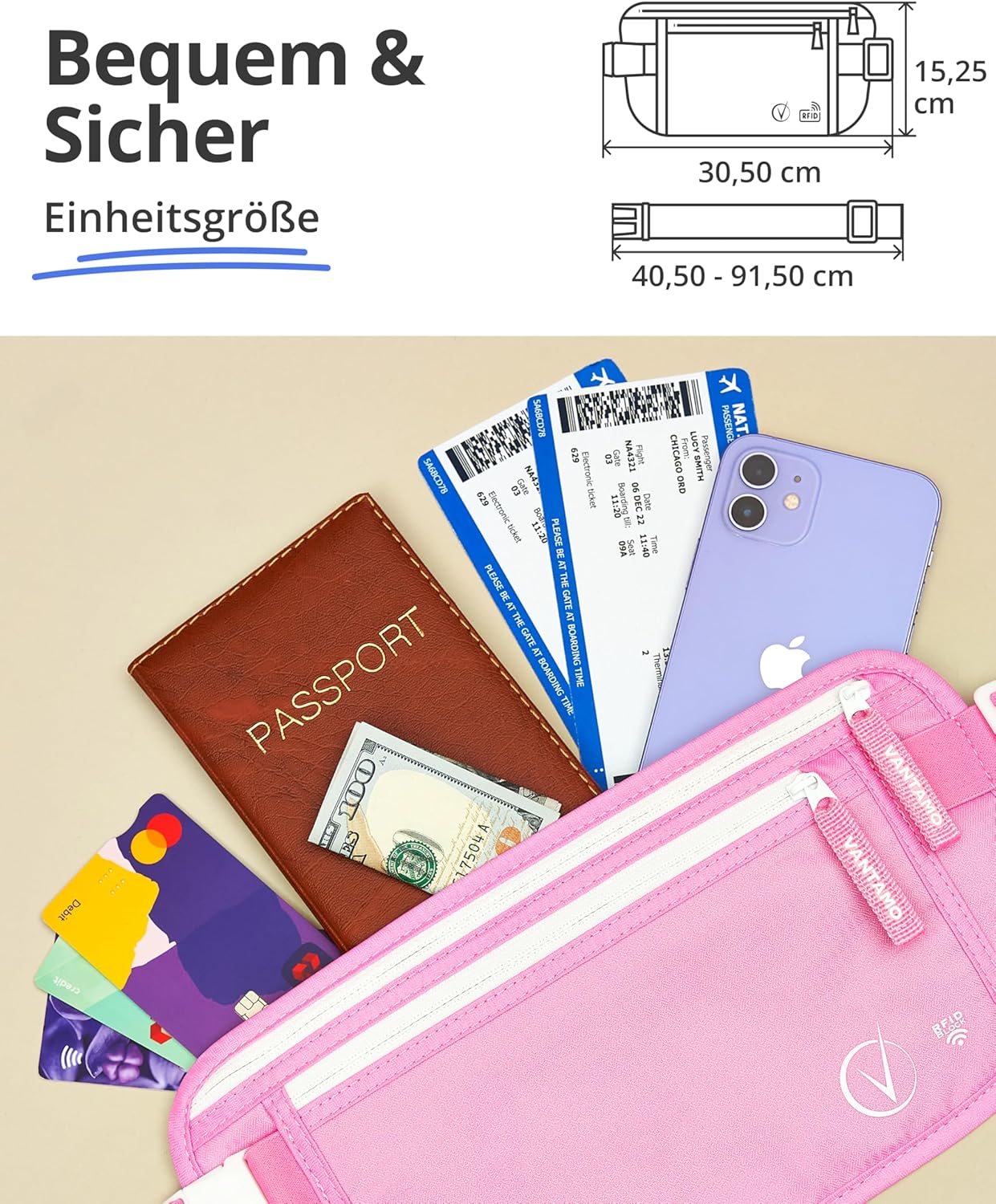 Thumbnail 3 de Geldgürtel für Reisen versteckt – RFID-geschützte Taillen-Brieftasche mit RFID-Fächern, Global Recovery Tags, Puppenrosa & Weiß