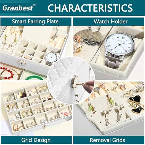Thumbnail 2 de Granbest 3 Layers Jewellery Box with 2 Drawers — Elegant Leather Storage for Necklaces, Rings, Bracelets and Earrings (White)