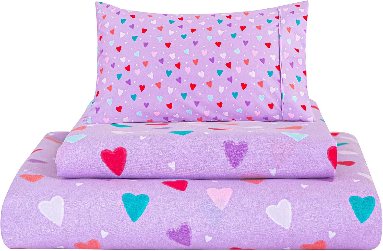 Detalle de Viviland Kids Twin Microfibre Sheet Set, Purple Hearts Print, 3-Piece