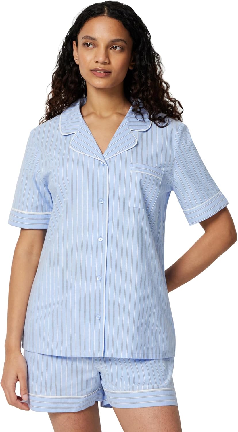 Detalle de Amazon Essentials Women's Cotton Stretch Poplin Pajama Set, Short Sleeve Button-Down with Shorts