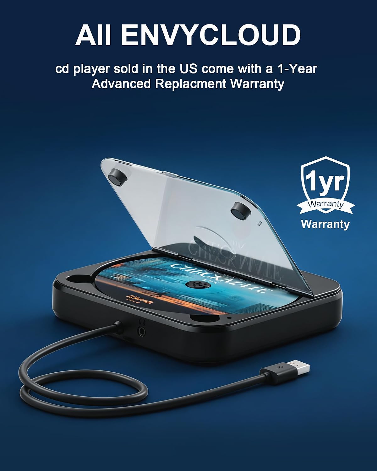 Thumbnail 6 de ENVYCLOUD Portable Car CD Player with USB/AUX (External CD Player with Type-C Adapter, Black)